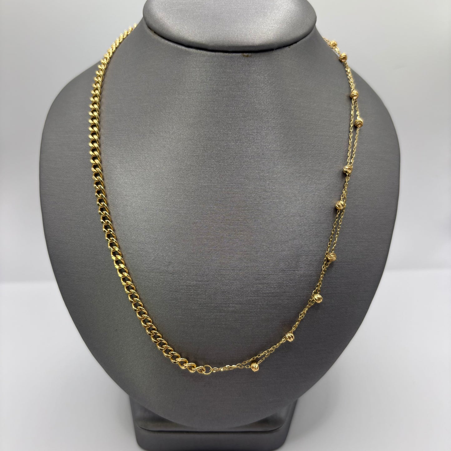 18K Yellow Gold Half Curb Link Half Beaded Station Necklace