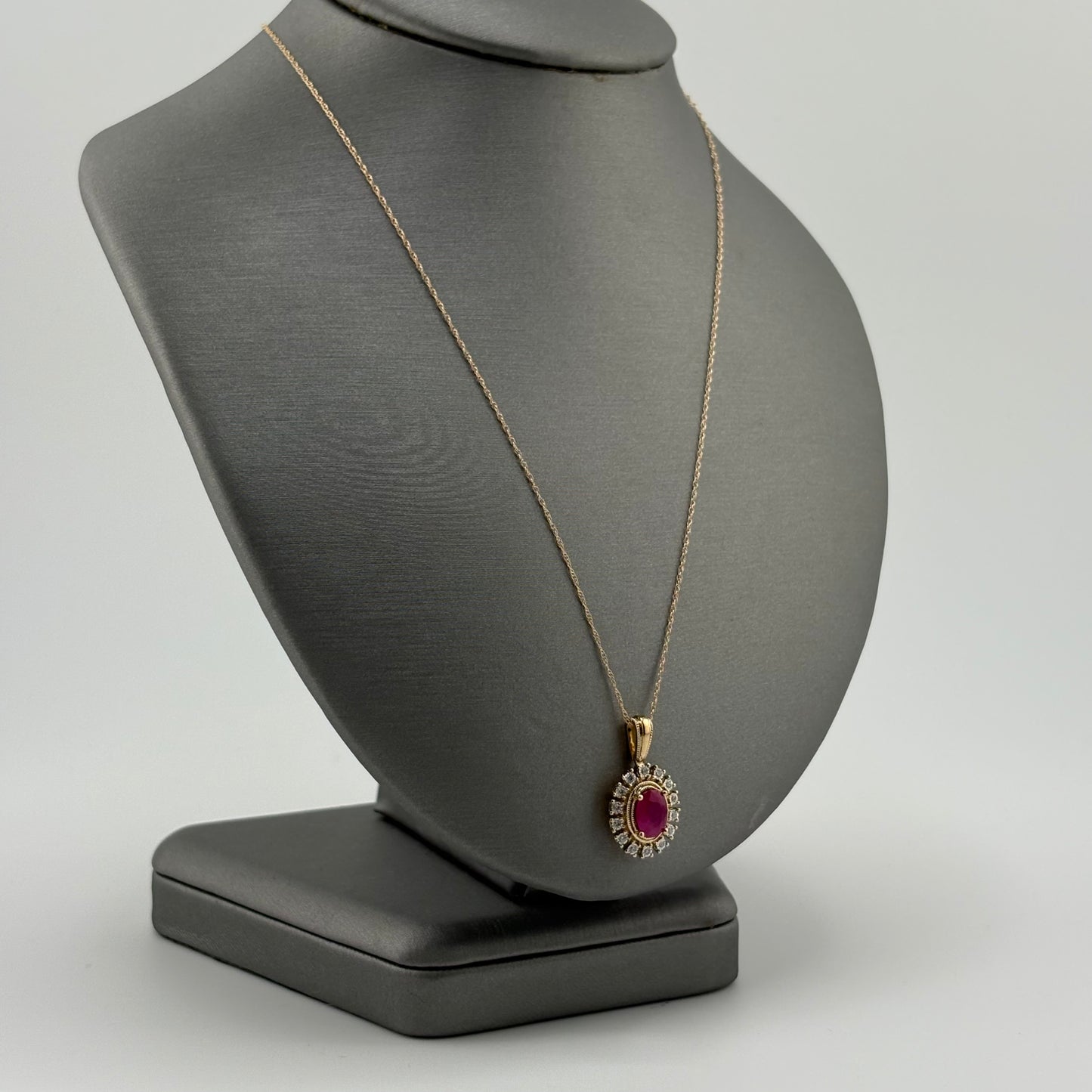 14K Yellow Gold Ruby & Diamond Halo Necklace