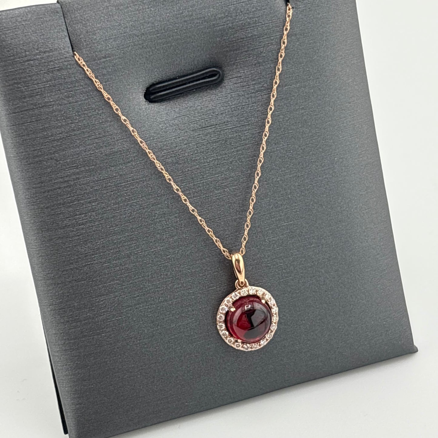 2.10 CT Garnet Cabochon & Diamond Halo Necklace, 14K Rose Gold