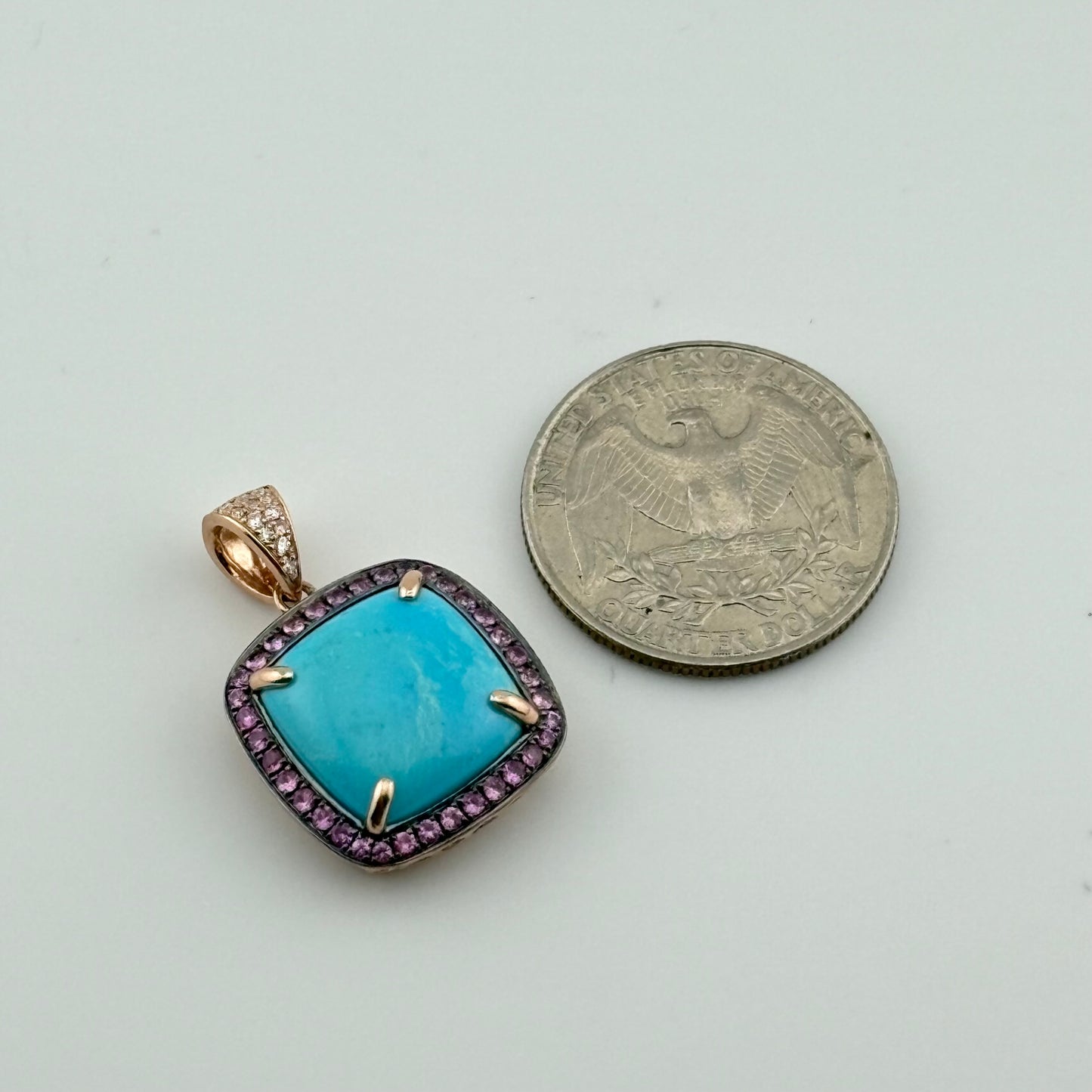 6.88CTW Turquoise Pendant with pink sapphires and diamonds, 14k