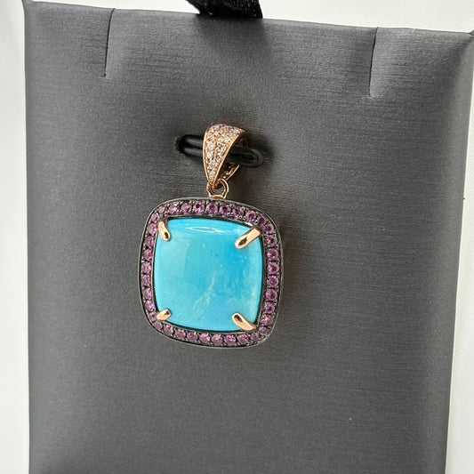 6.88CTW Turquoise Pendant with pink sapphires and diamonds, 14k