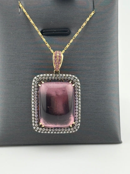 24.35CTW Cabochon Amethyst & Diamond Triple-Halo Pendant Necklace