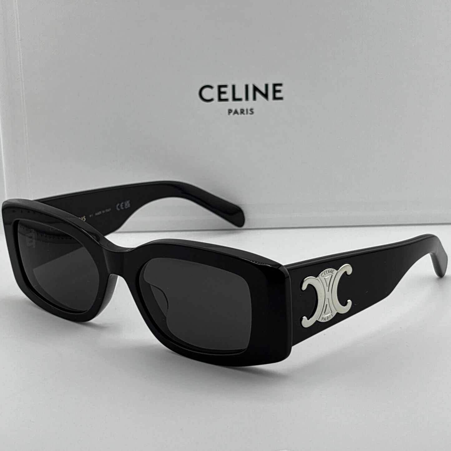 Celine Triomphe Rectangular Sunglasses, Black/Silver
