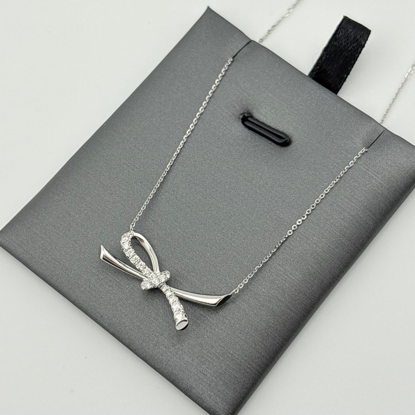 Diamond Bow Necklace, 14K White Gold