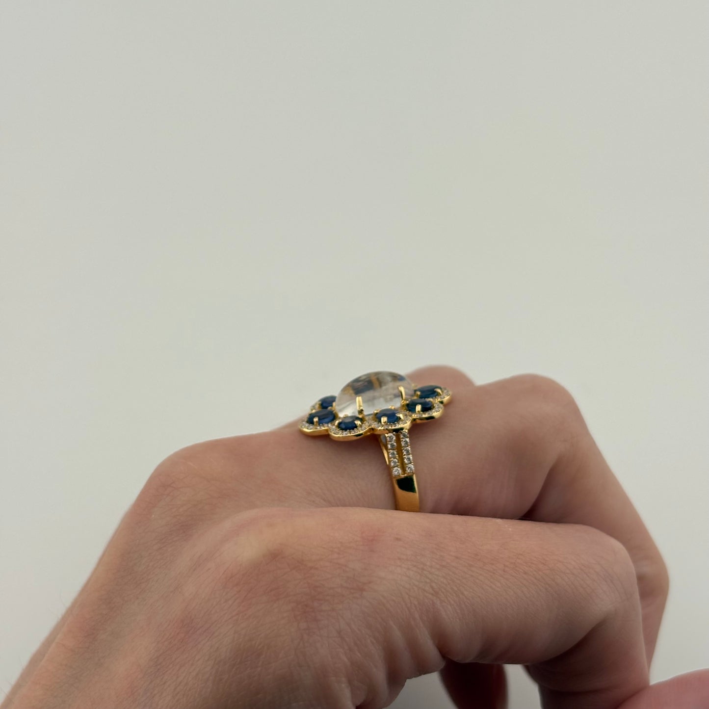 2.89 CT Moonstone, Sapphire & Diamond Ring, 18K Yellow Gold