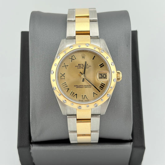 Rolex Datejust 31mm Two Tone Champagne Roman Dial Diamond Bezel Watch