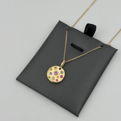Multicolor Sapphire Disc Necklace, 14K Yellow Gold