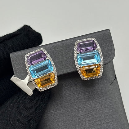 9CTW Multi-Gemstone & Diamond Earrings, 14K White Gold