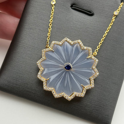 20.63CT Carved Chalcedony, Sapphire & Diamond Flower Necklace in 18K Gold