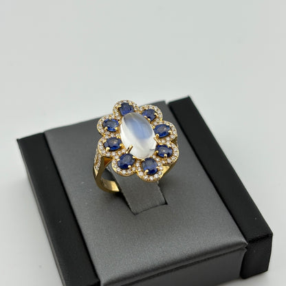 2.89 CT Moonstone, Sapphire & Diamond Ring, 18K Yellow Gold