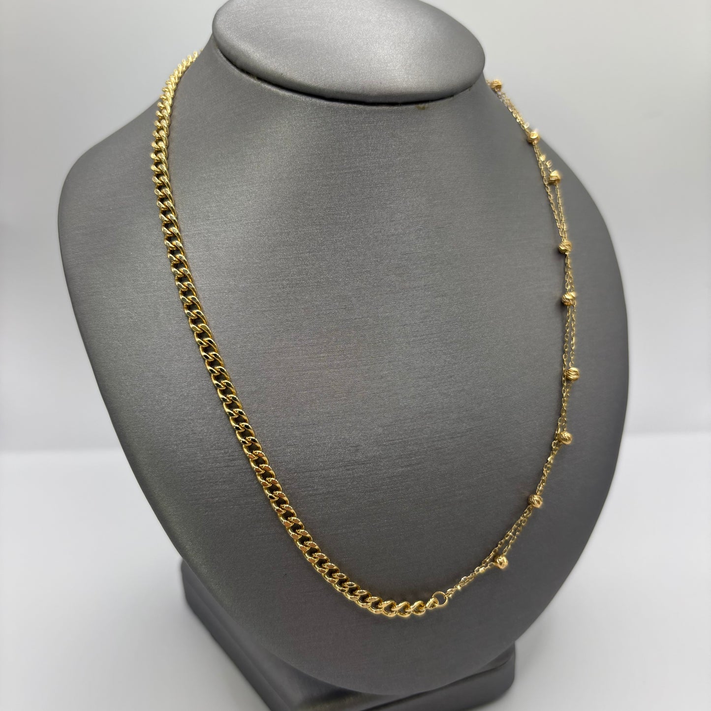 18K Yellow Gold Half Curb Link Half Beaded Station Necklace