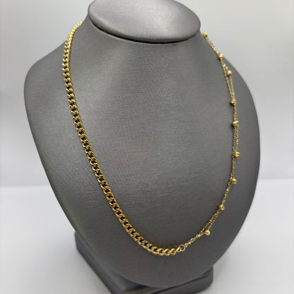 18K Yellow Gold Half Curb Link Half Beaded Station Necklace