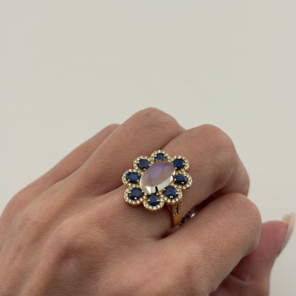2.89 CT Moonstone, Sapphire & Diamond Ring, 18K Yellow Gold