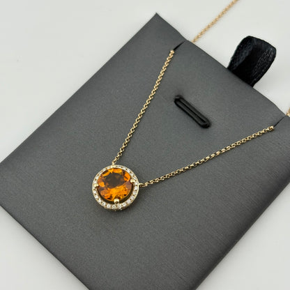 14K Yellow Gold Citrine & Diamond Halo Necklace