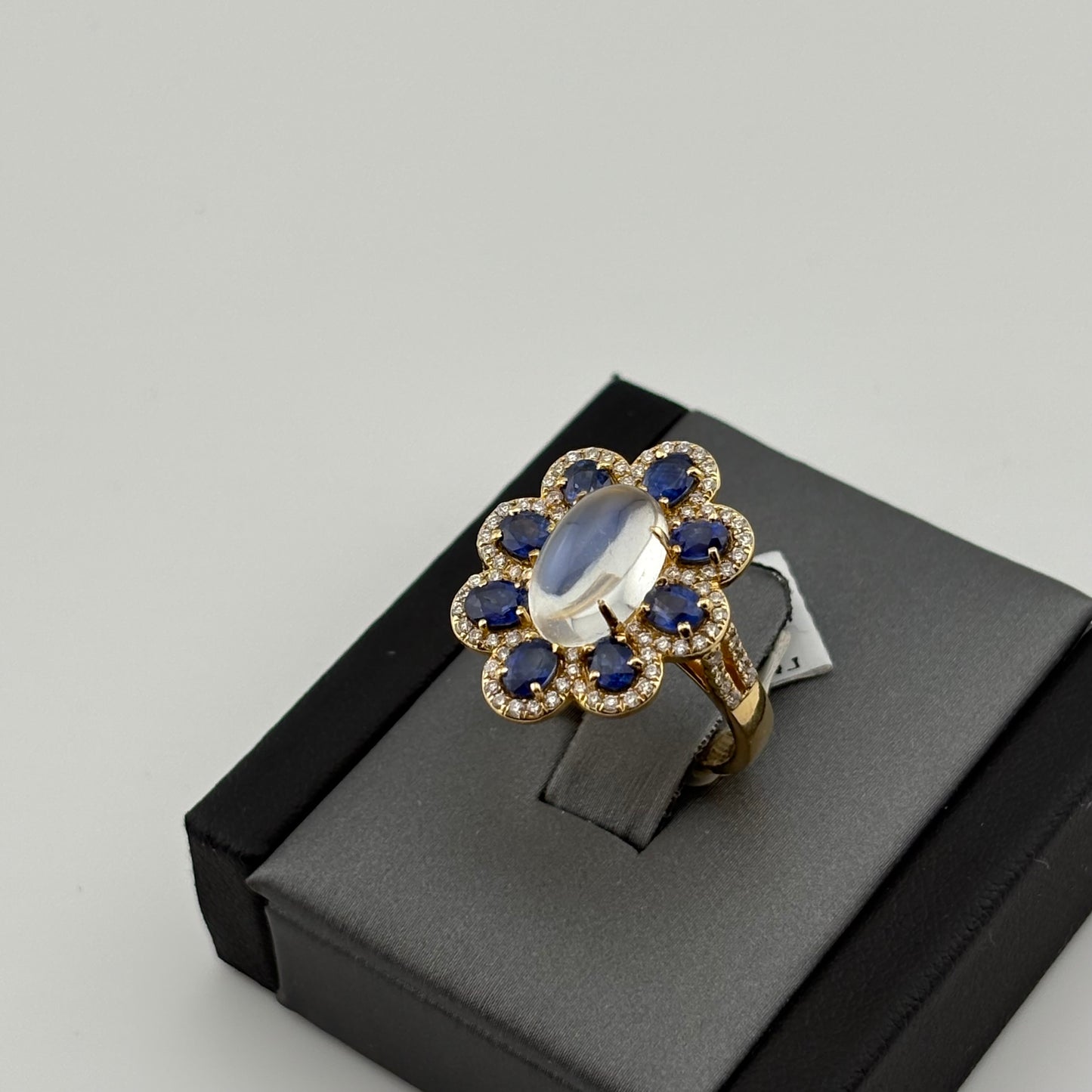 2.89 CT Moonstone, Sapphire & Diamond Ring, 18K Yellow Gold