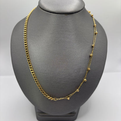 18K Yellow Gold Half Curb Link Half Beaded Station Necklace