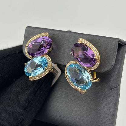 16.50CTW Amethyst & Blue Topaz Earrings, 14K Yellow Gold