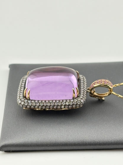 24.35CTW Cabochon Amethyst & Diamond Triple-Halo Pendant Necklace