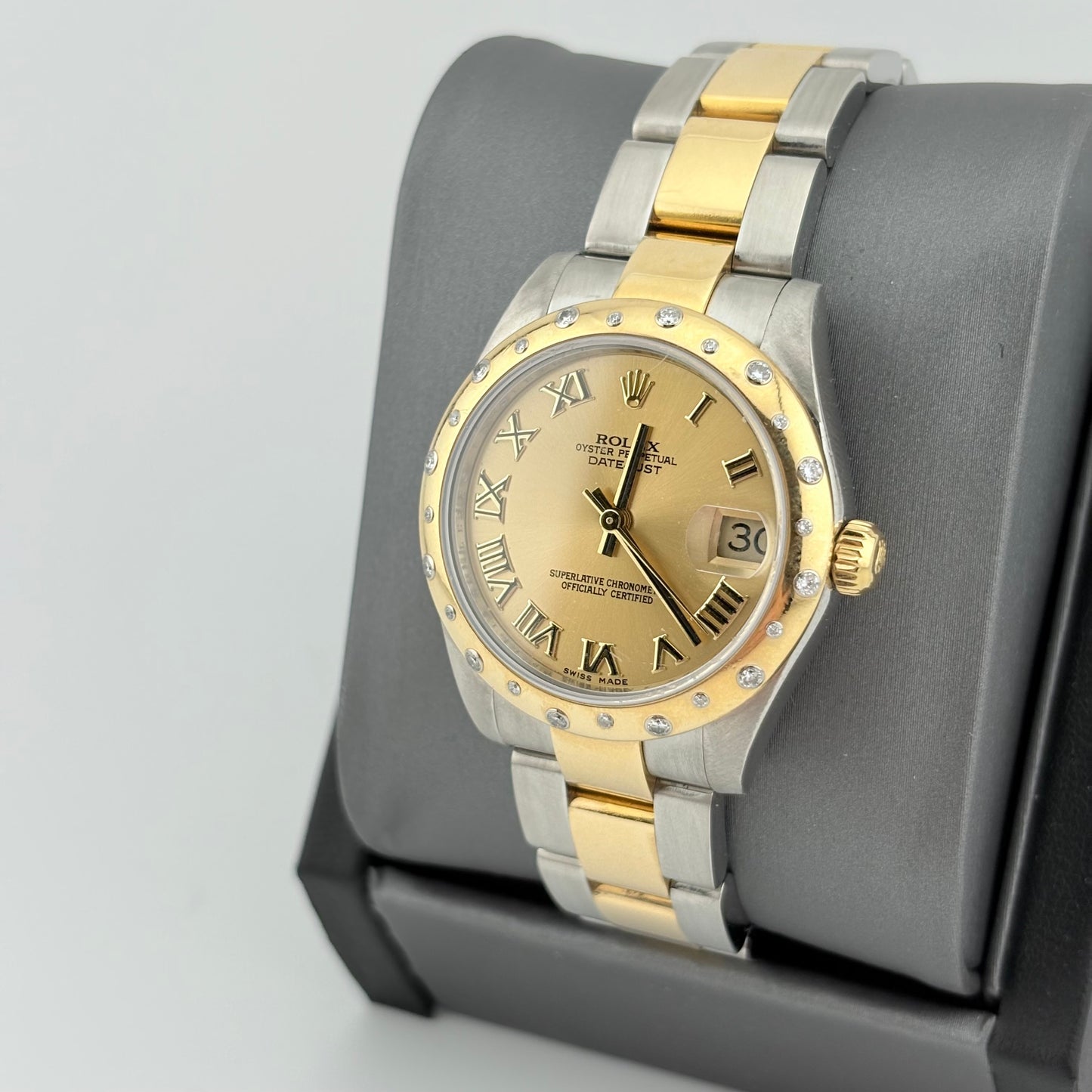 Rolex Datejust 31mm Two Tone Champagne Roman Dial Diamond Bezel Watch