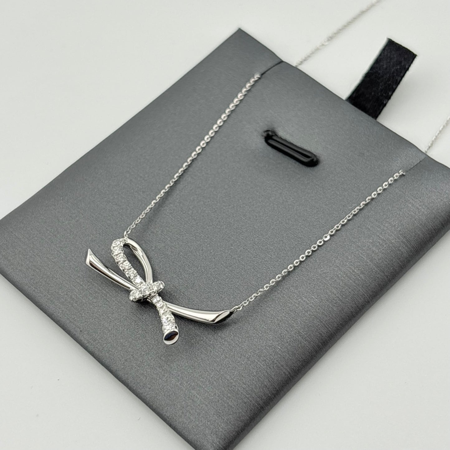 Diamond Bow Necklace, 14K White Gold