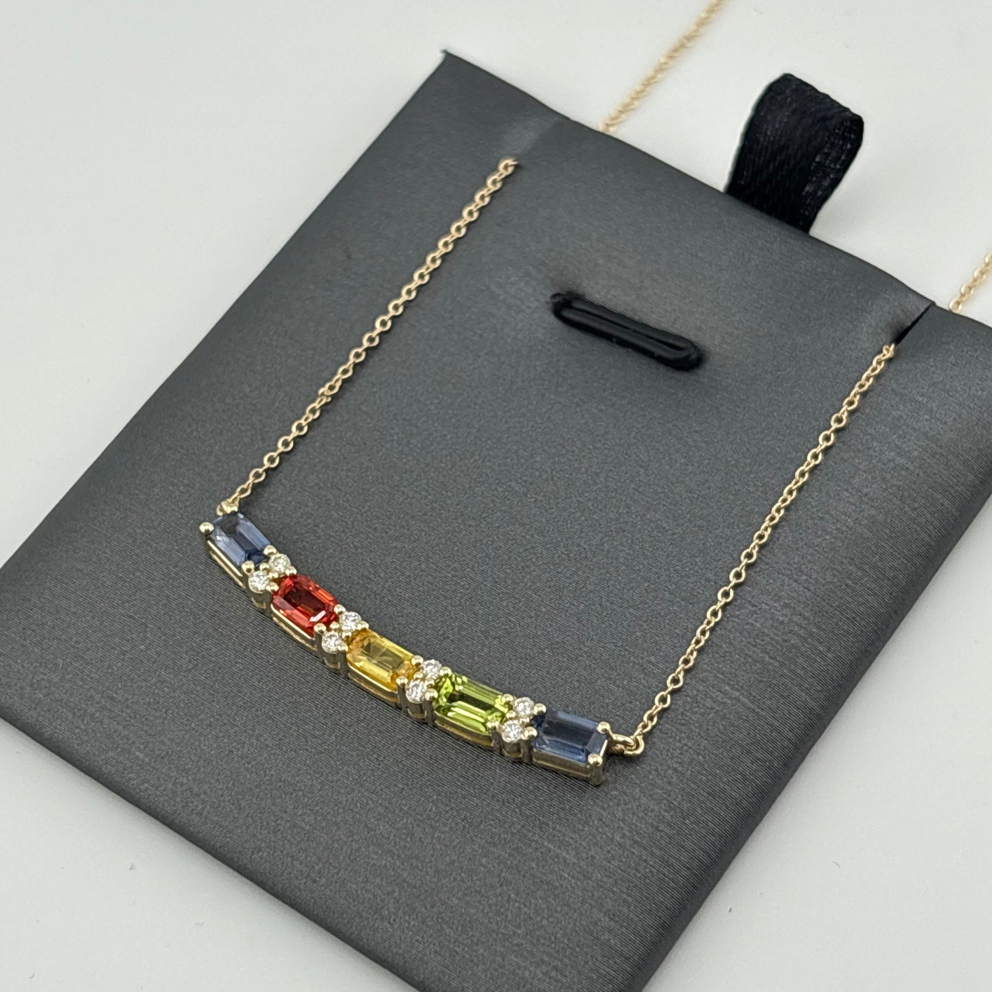 Multicolor Sapphire & Diamond Curved Bar Necklace, 14K Yellow Gold
