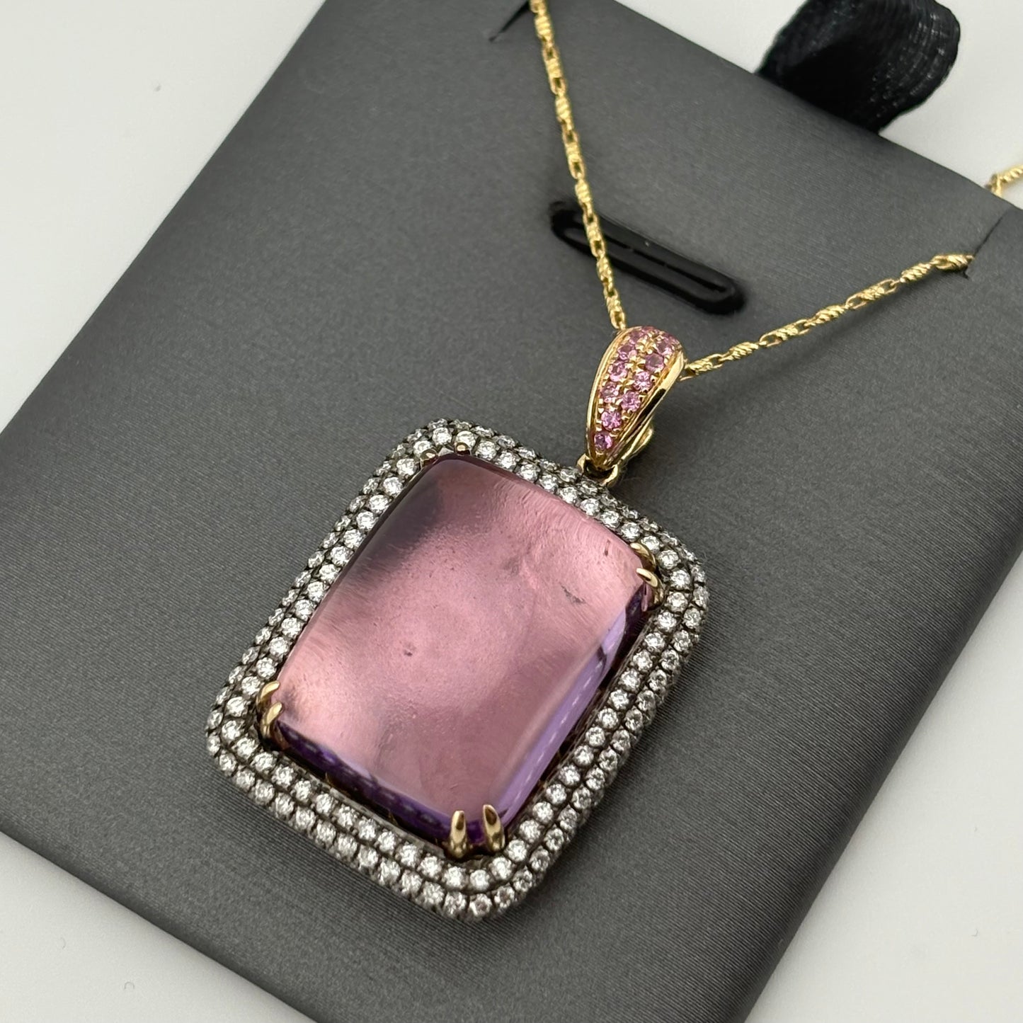 24.35CTW Cabochon Amethyst & Diamond Triple-Halo Pendant Necklace