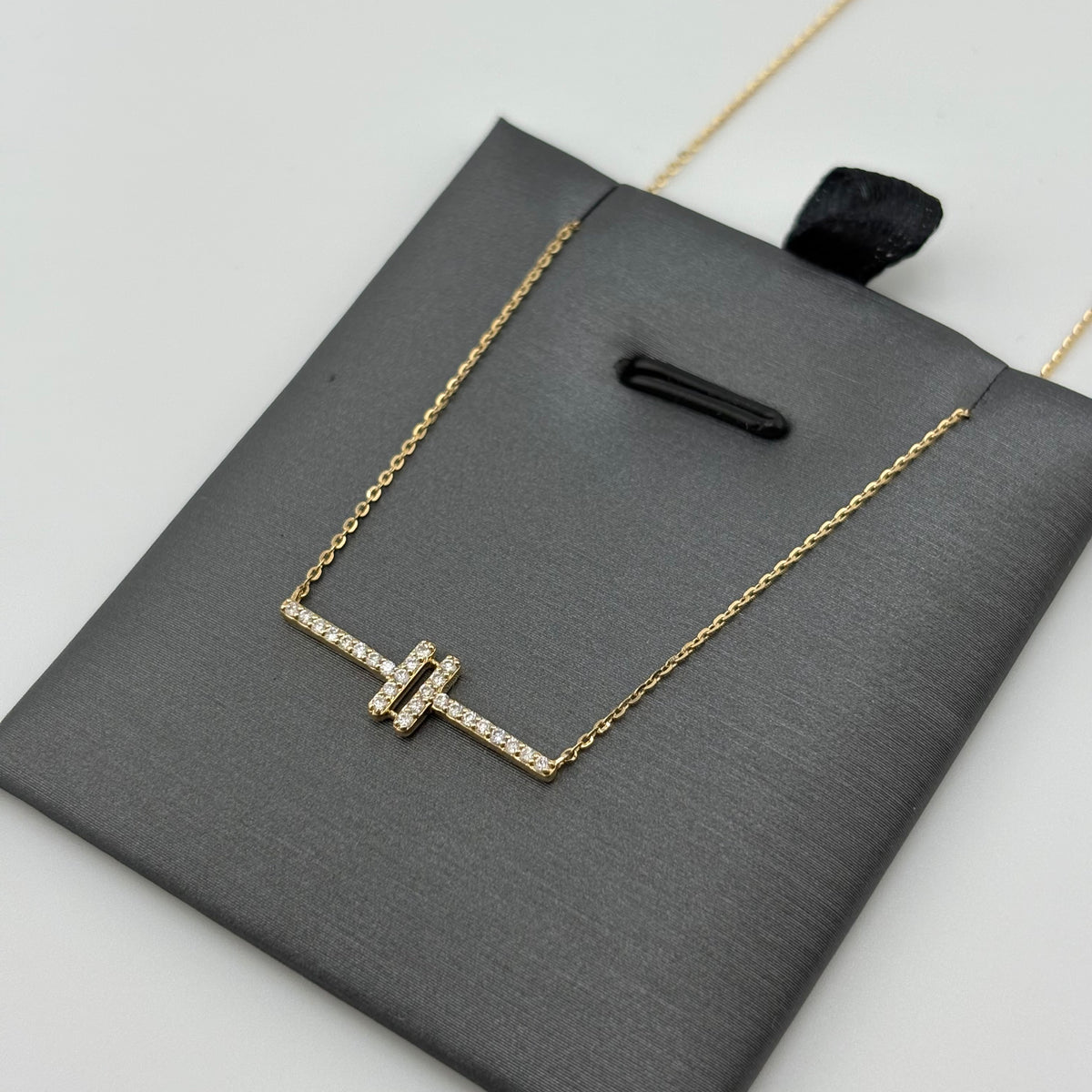 14K Yellow Gold Diamond Geometric Bar Necklace