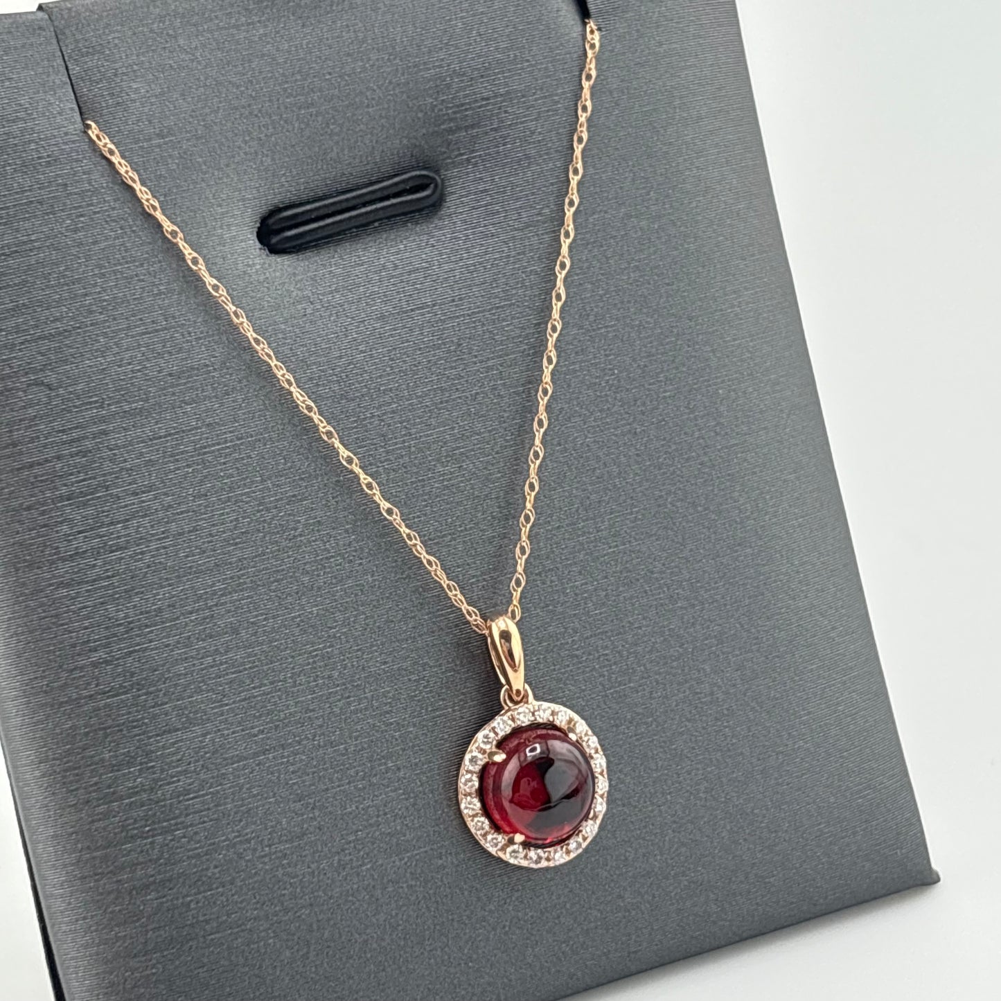 2.10 CT Garnet Cabochon & Diamond Halo Necklace, 14K Rose Gold