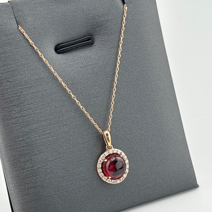 2.10 CT Garnet Cabochon & Diamond Halo Necklace, 14K Rose Gold