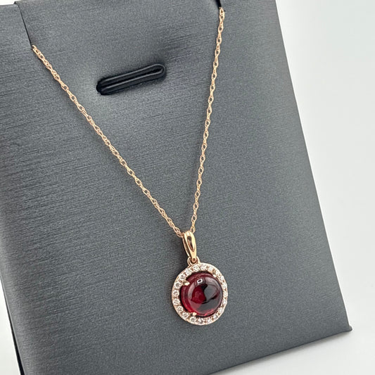 2.10 CT Garnet Cabochon & Diamond Halo Necklace, 14K Rose Gold