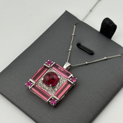7.77CTW Pink Cat’s-Eye Tourmaline & Diamond Pendant Necklace, 18K White Gold