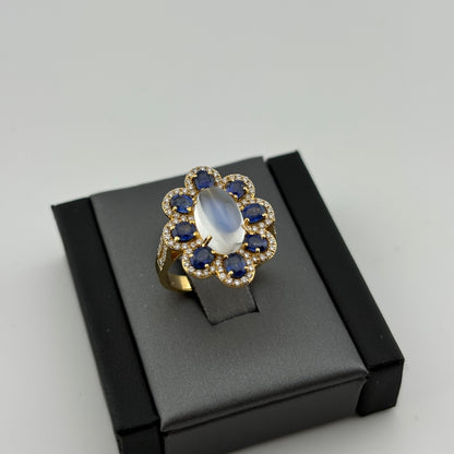 2.89 CT Moonstone, Sapphire & Diamond Ring, 18K Yellow Gold