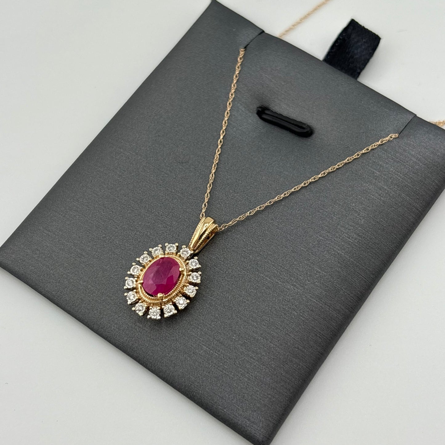 14K Yellow Gold Ruby & Diamond Halo Necklace