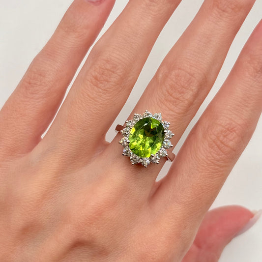 5CT Peridot, 1.5CT Diamond Halo Ring 14k