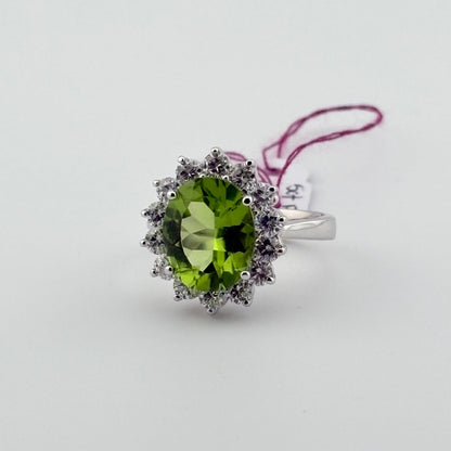 5CT Peridot, 1.5CT Diamond Halo Ring 14k