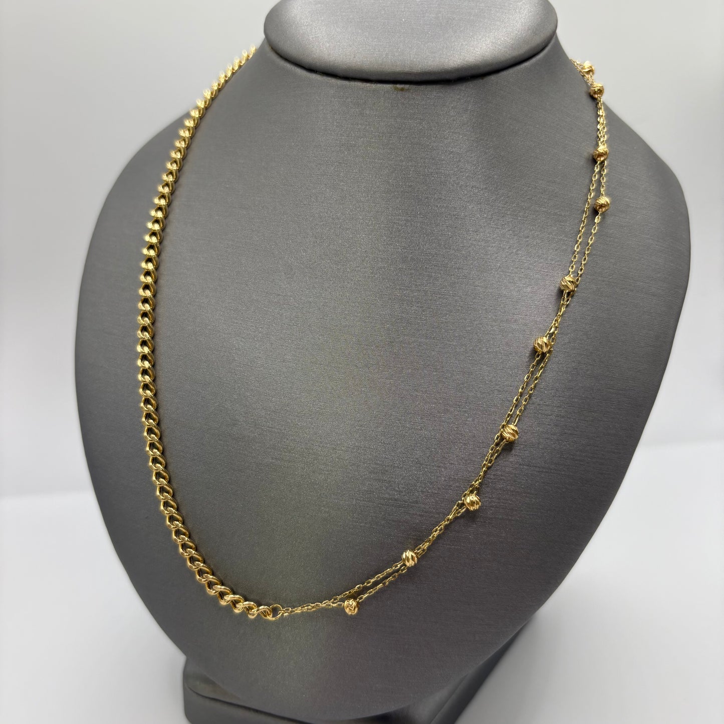 18K Yellow Gold Half Curb Link Half Beaded Station Necklace