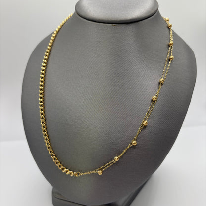 18K Yellow Gold Half Curb Link Half Beaded Station Necklace