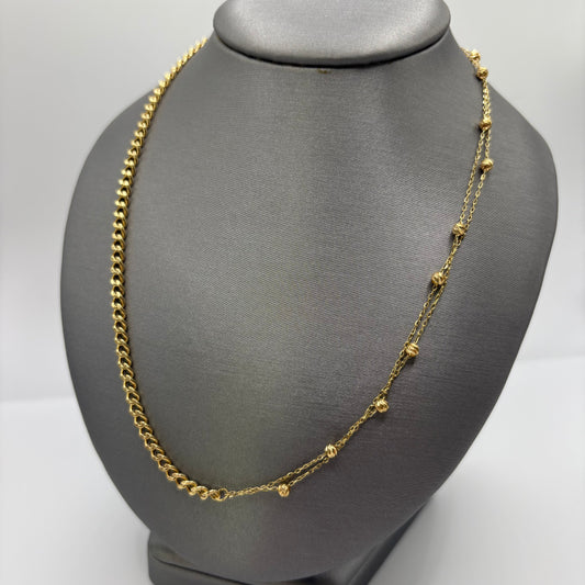 18K Yellow Gold Half Curb Link Half Beaded Station Necklace