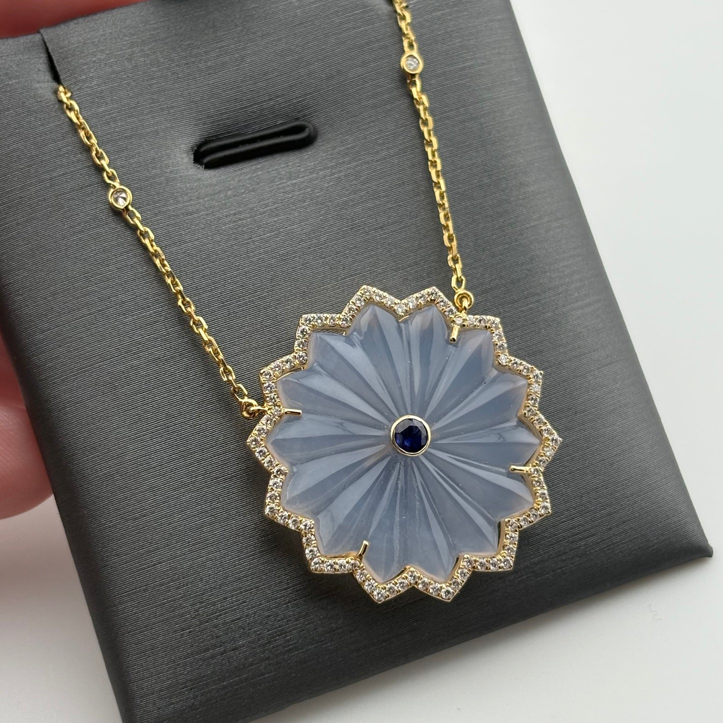 20.63CT Carved Chalcedony, Sapphire & Diamond Flower Necklace in 18K Gold