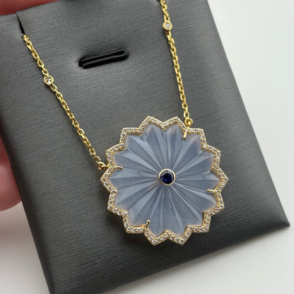 20.63CT Carved Chalcedony, Sapphire & Diamond Flower Necklace in 18K Gold
