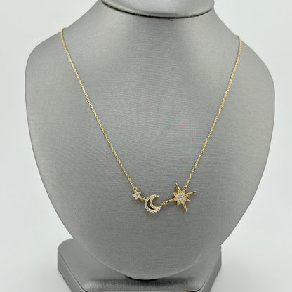 18K Yellow Gold Diamond Celestial Moon & Star Necklace