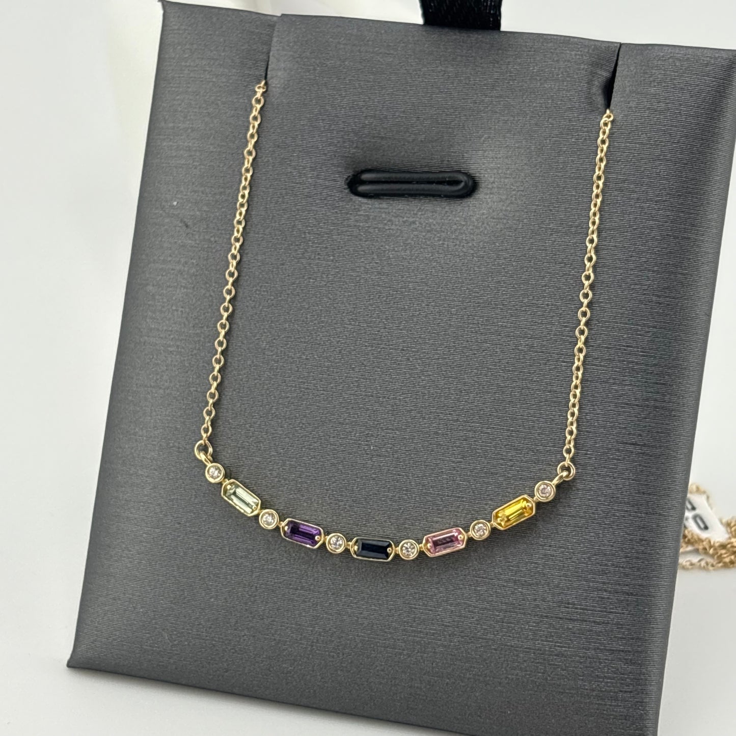 Multicolor Sapphire & Diamond Curved Bar Necklace, 14K Yellow Gold
