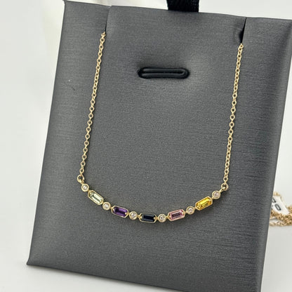 Multicolor Sapphire & Diamond Curved Bar Necklace, 14K Yellow Gold