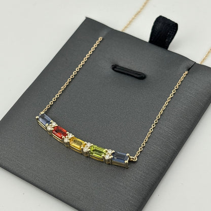 Multicolor Sapphire & Diamond Curved Bar Necklace, 14K Yellow Gold