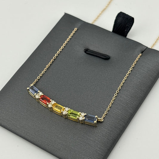 Multicolor Sapphire & Diamond Curved Bar Necklace, 14K Yellow Gold