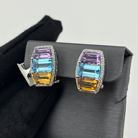 9CTW Multi-Gemstone & Diamond Earrings, 14K White Gold