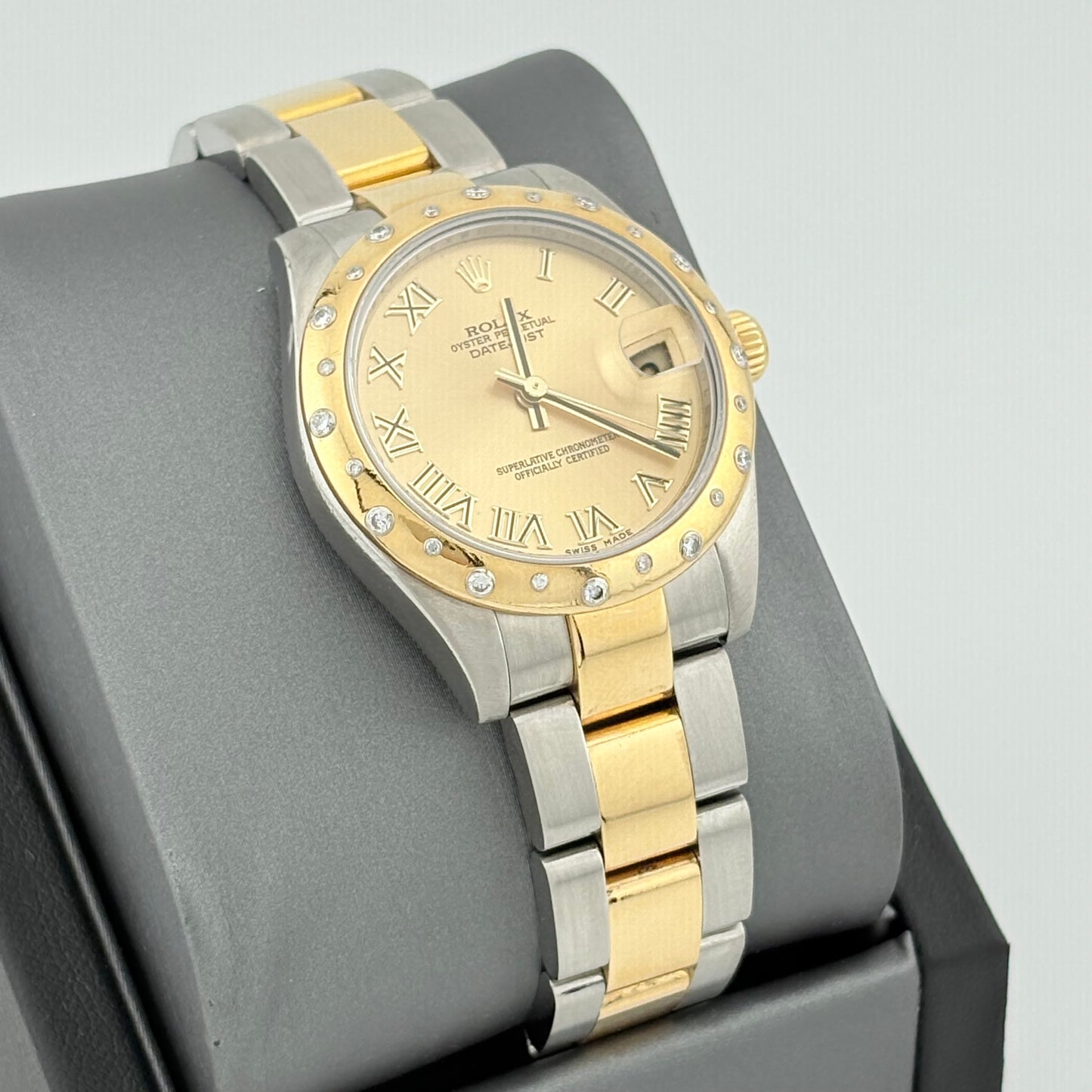 Rolex Datejust 31mm Two Tone Champagne Roman Dial Diamond Bezel Watch