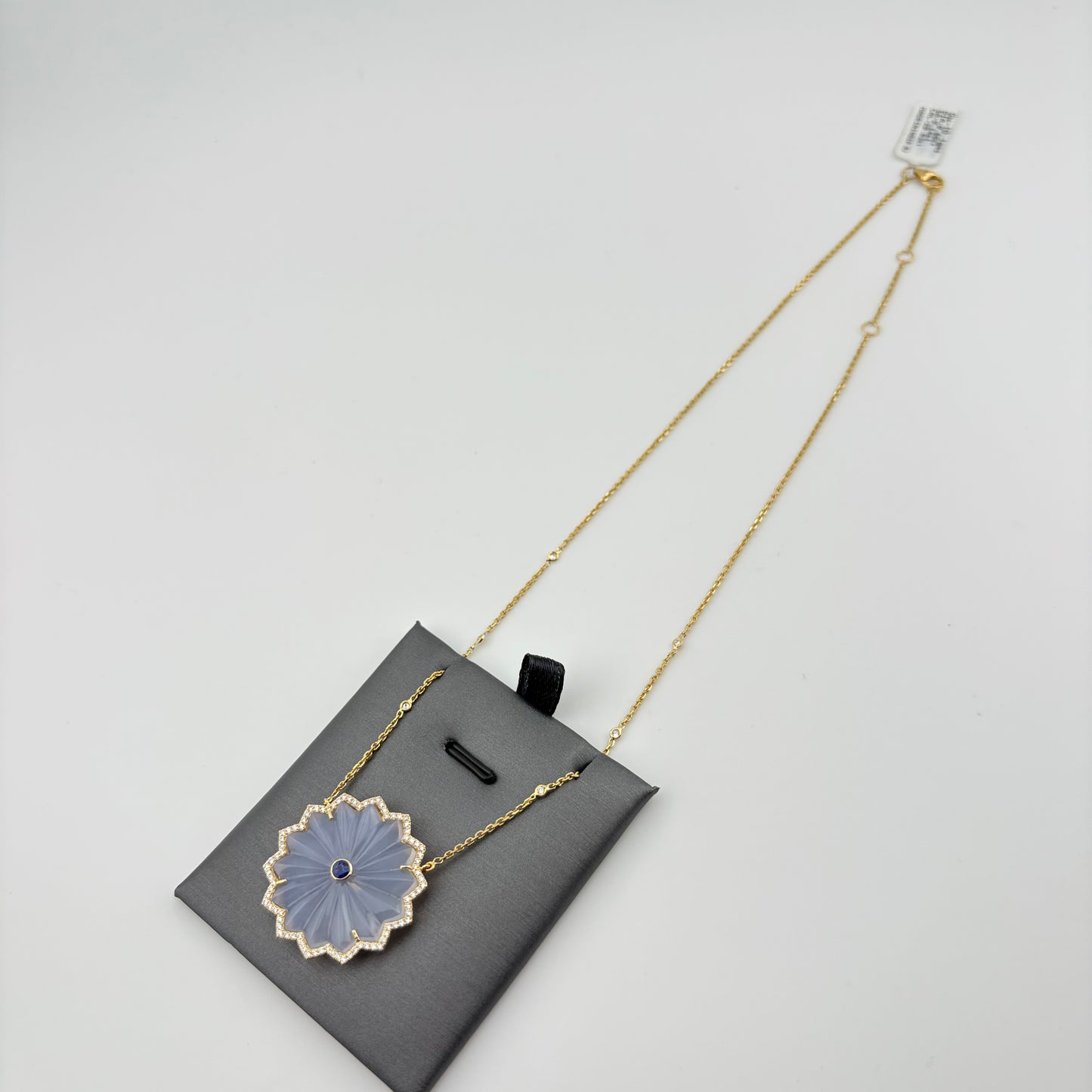 20.63CT Carved Chalcedony, Sapphire & Diamond Flower Necklace in 18K Gold