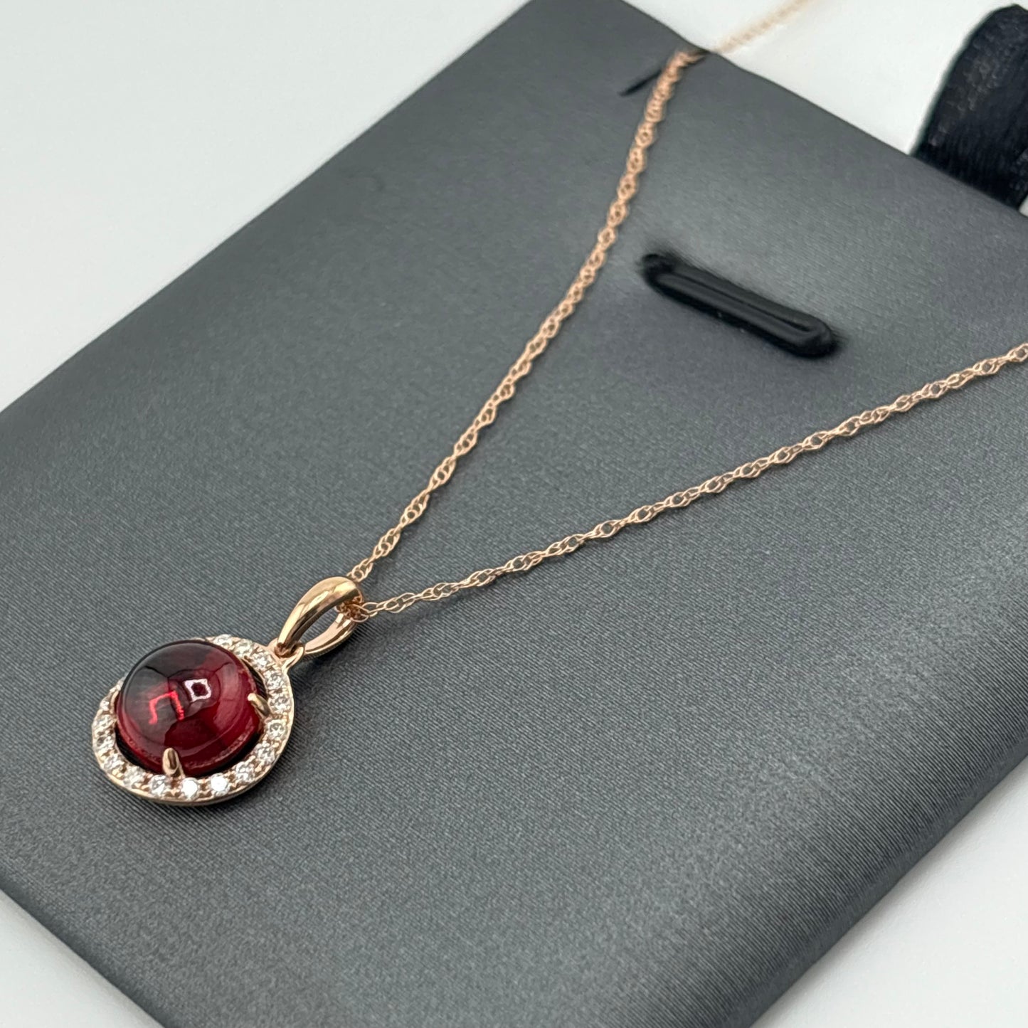 2.10 CT Garnet Cabochon & Diamond Halo Necklace, 14K Rose Gold