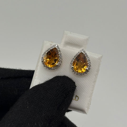 2CT Pear Citrine Studs with Diamonds